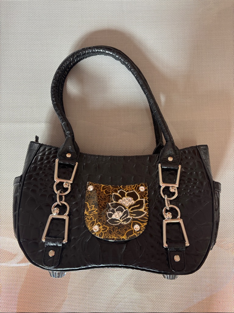 Debbie Brooks Black Croc-Embossed Women's Handbag With Gold Floral Accent